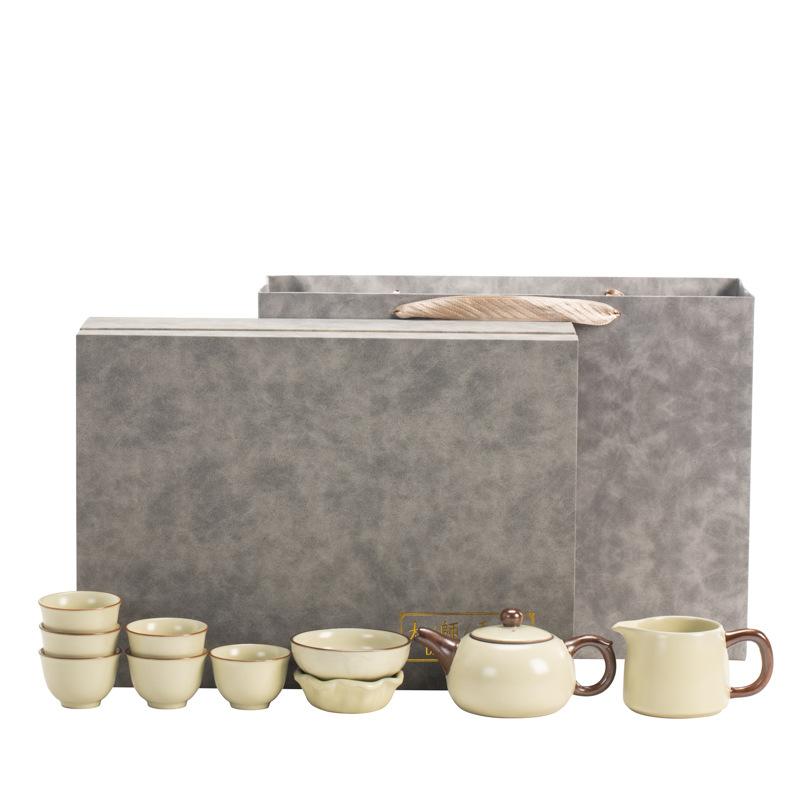 Ceramic Huang Ru Kiln tea set can be raised with an opening film and a gift box. Business souvenir gifts can be made.