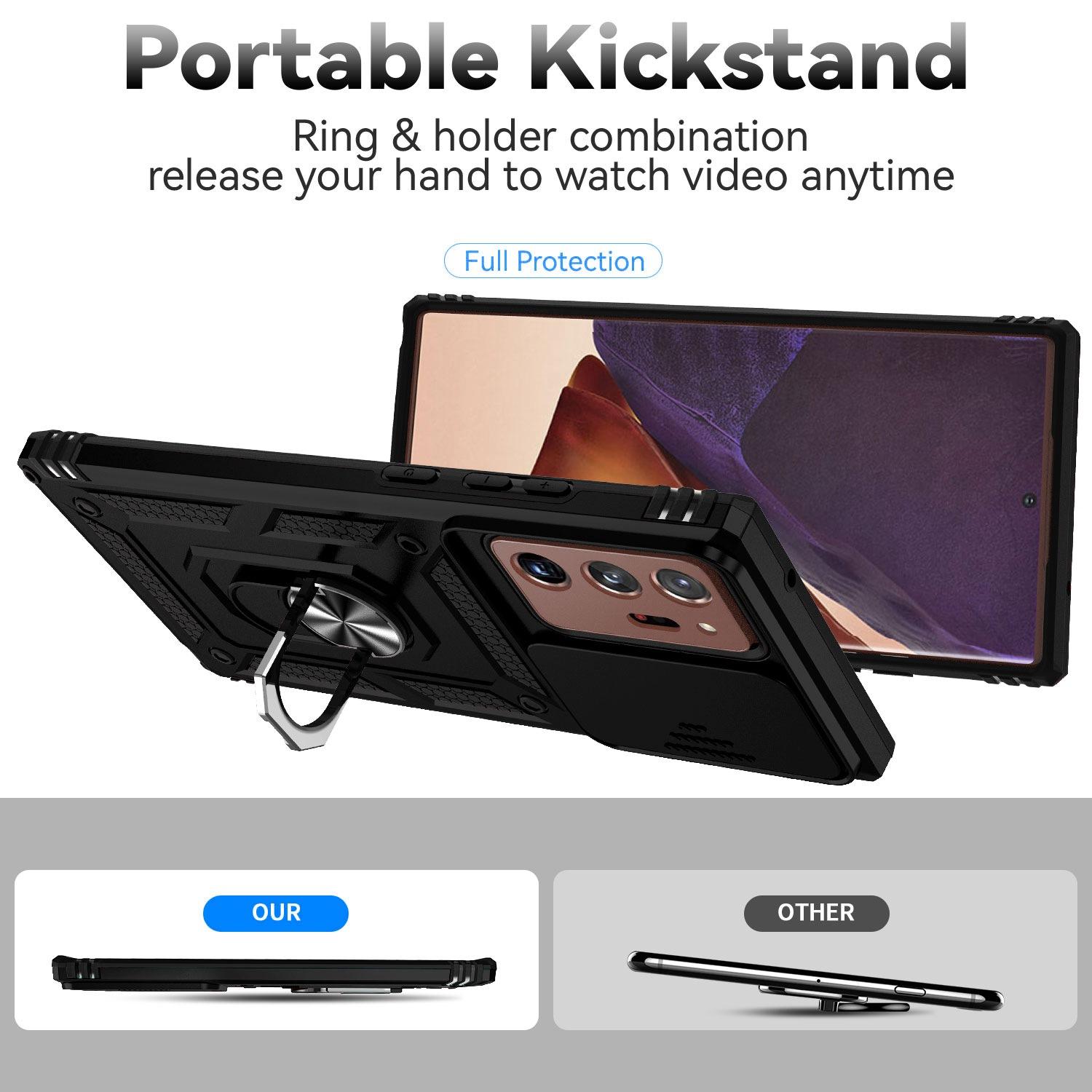 

For Samsung Galaxy Note20 Ultra/Note20 Ultra 5G Metal Ring Kickstand PC+TPU Phone Case with Slide Camera Protection Black