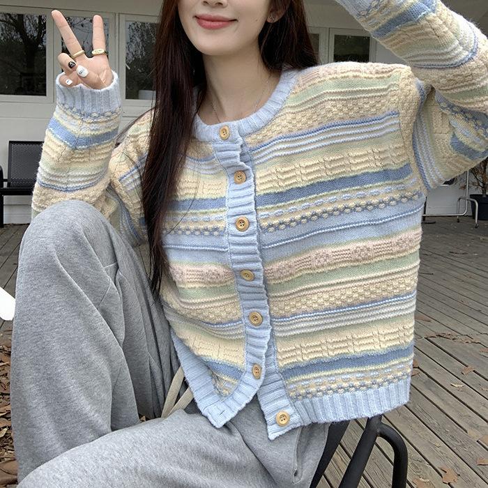 

Весна Осень Цветные полосатые пальто харадзюку корейский кэжуал оверсайз универсальный вязаный свитер тонкий кардиган куртка женская One Size