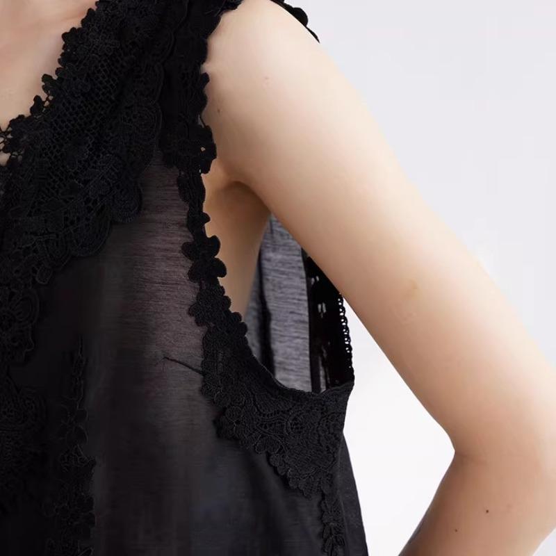 DIMANAF 2026 Weste T-Shirt Damen Spitze Rundhalsausschnitt Ausgeschnitten Sommerstil Basic Tops Neue T-Shirts Lockere Weste