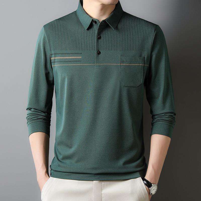 Men Long Sleeve Thin Turn Down Collar Striped Casual Pocket Polo Shirt For Middle Aged Men