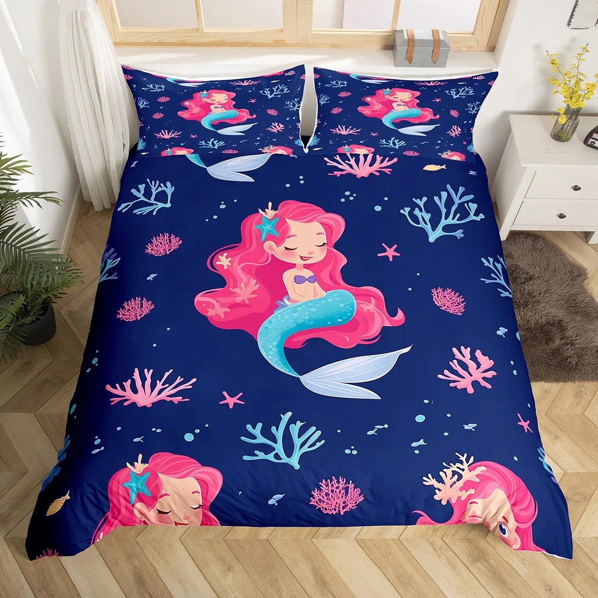 

Beautiful Mermaid Bed Duvet Cover Suitable For Children Boys Girls Mermaid Princess Bed Quilt Cover Warm Comfortable Breathable EU SK(260*220cm)3pcs