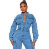 Europe and America Cross Border Stretch Bellows Pocket Wash Denim Jumpsuit Jumpsuit Bell-Bottom Pants Jeans Jumpsuits