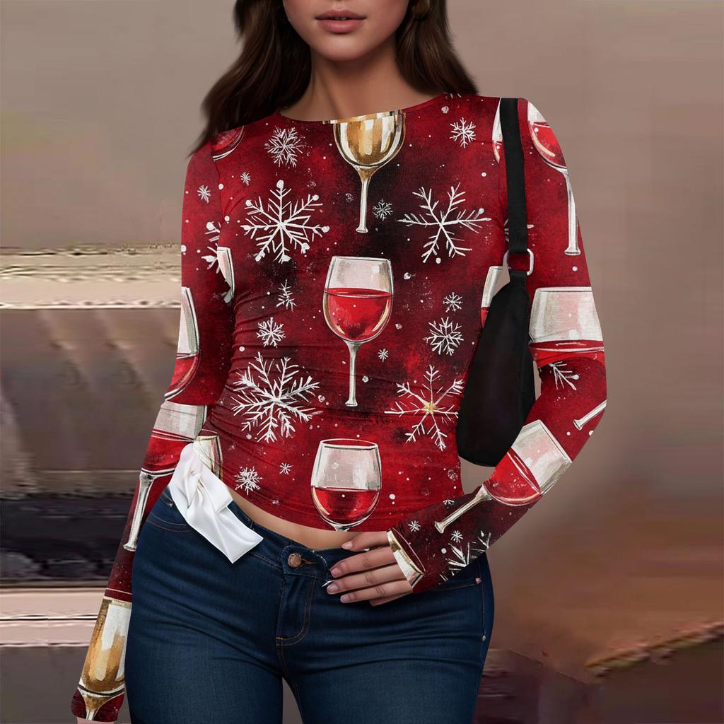 Women's Fashion Casual Round Neck Christmas Printed Long Sleeve T-Shirt Top