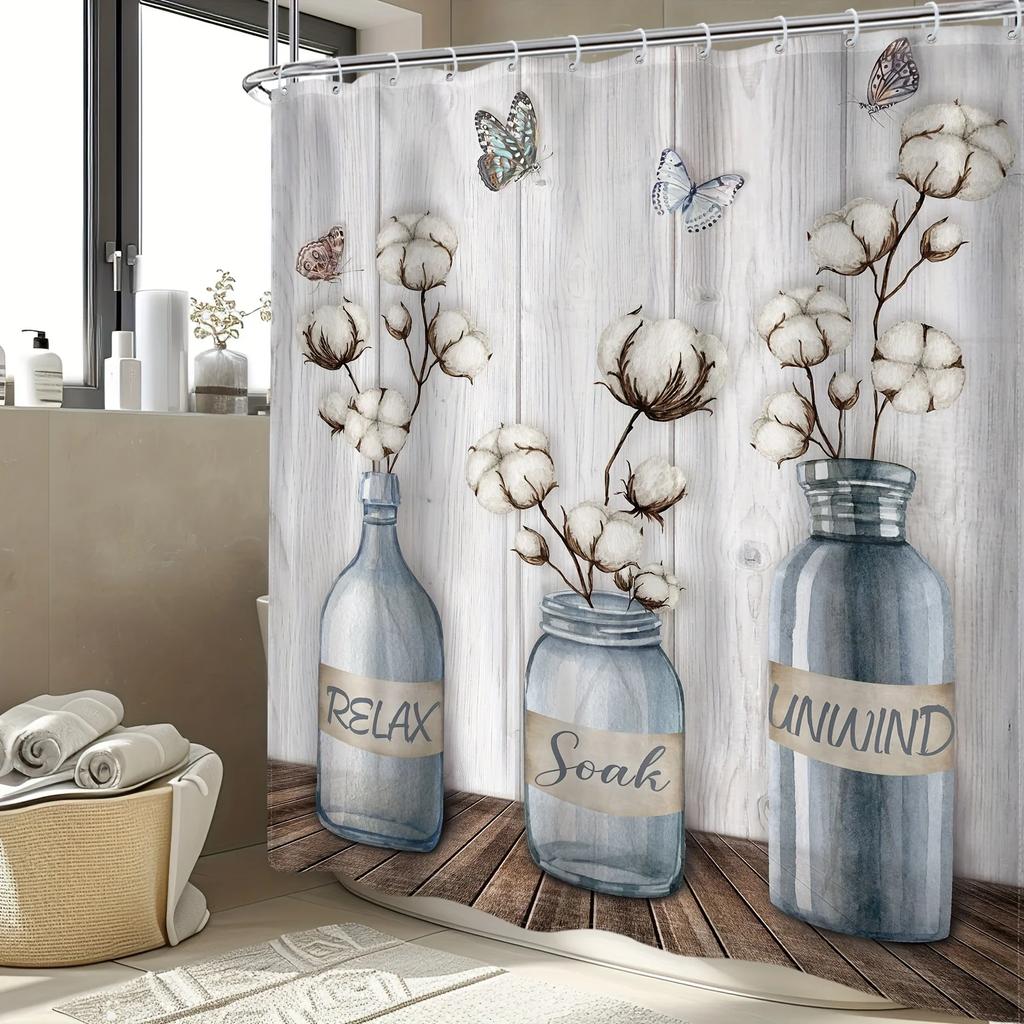 1pc Rustic Farmhouse Shower Curtain - Butterfly Vintage Farm, White Barn Door Design - Country Modern Western Wood Plank Theme