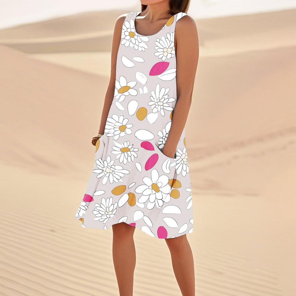 Women's Casual Summer Floral Print Sleeveless Pocket Dress