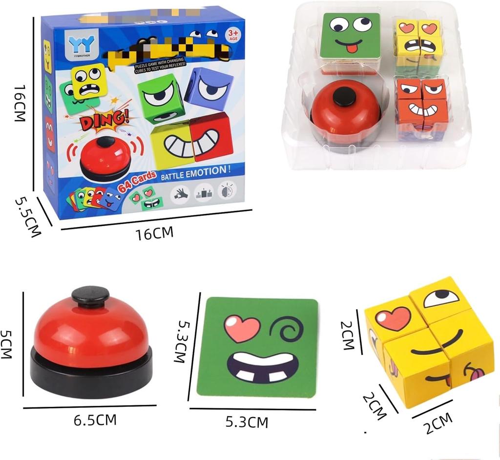 Face Changing Magic Cubes Game,Expression Matching Block Puzzle with Bell, Educational Building Toy for Adults