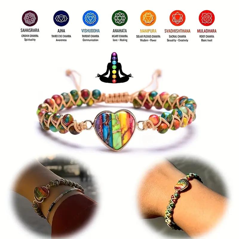 Boho-Chic Adjustable Heart Chakra Bracelet with Colorful Natural Stones Women's Fashion Accessory