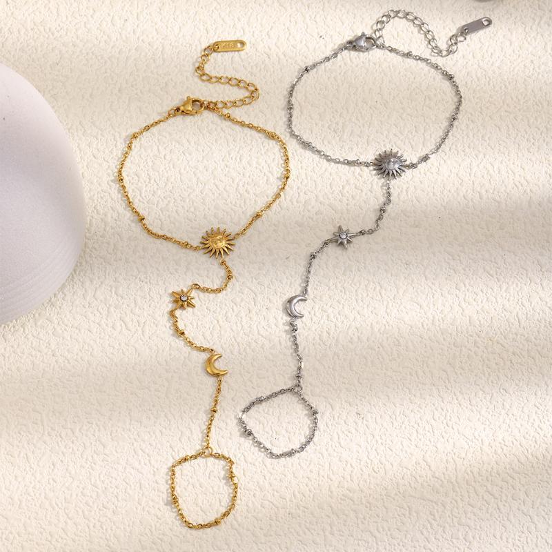 Simple Stainless Steel Boho Zircon Bracelet Sun-Shaped Interlocking Charm Hand Chain Stars Gold Metal Finger Bracelet Jewelry