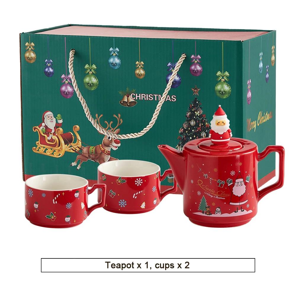 Red Ceramics Teaware Sets Santa Claus Snowman Elk Teapot Teacup Christmas Coffee Cup Saucers Stackable Xmas New Year Gifts