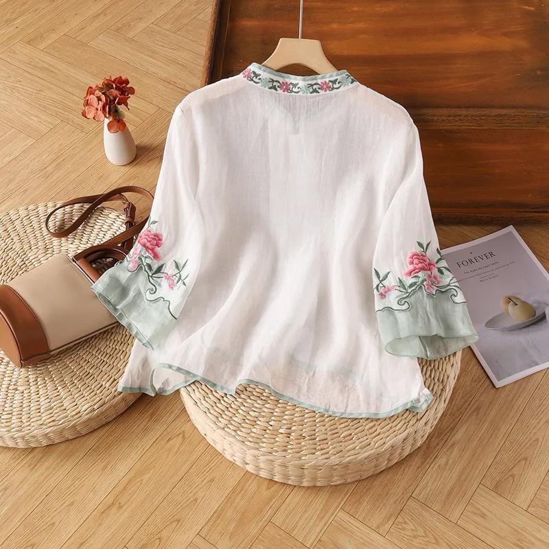 Summer New Versatile Meat Covering Retro Ethnic Embroidery Shirt Women's Retro Plate Button Color Blocked Seven Sleeve Top Loose