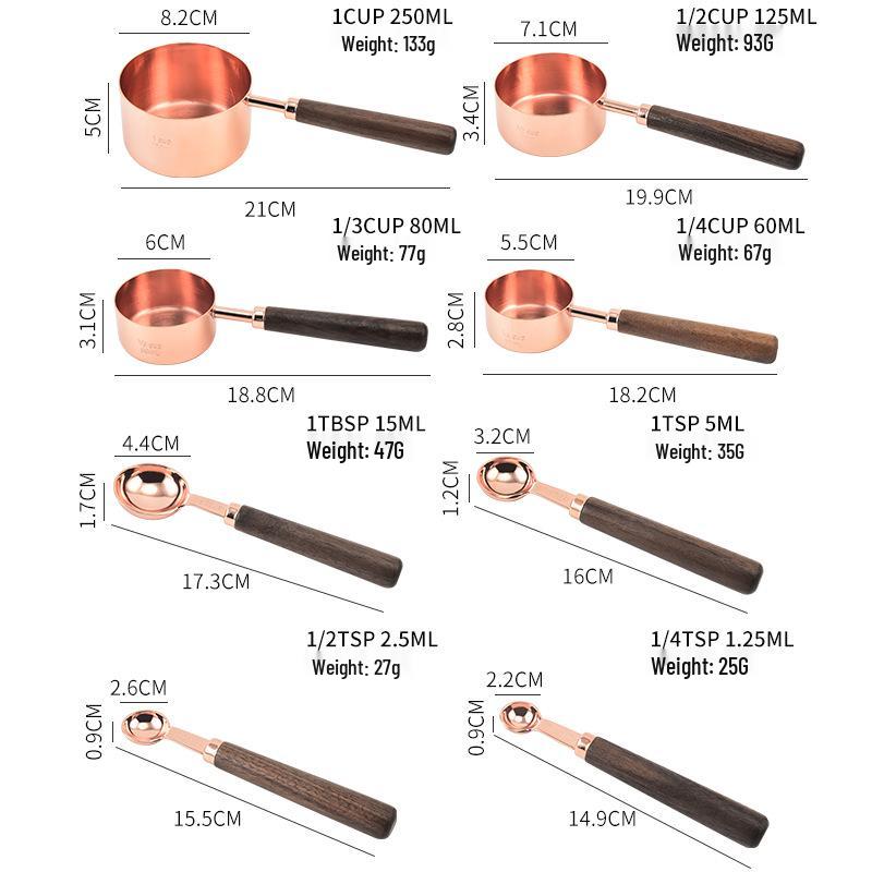 8-Piece Stainless Steel Measuring Cups & Spoons with Walnut Wood Handles & Rose Gold Finish