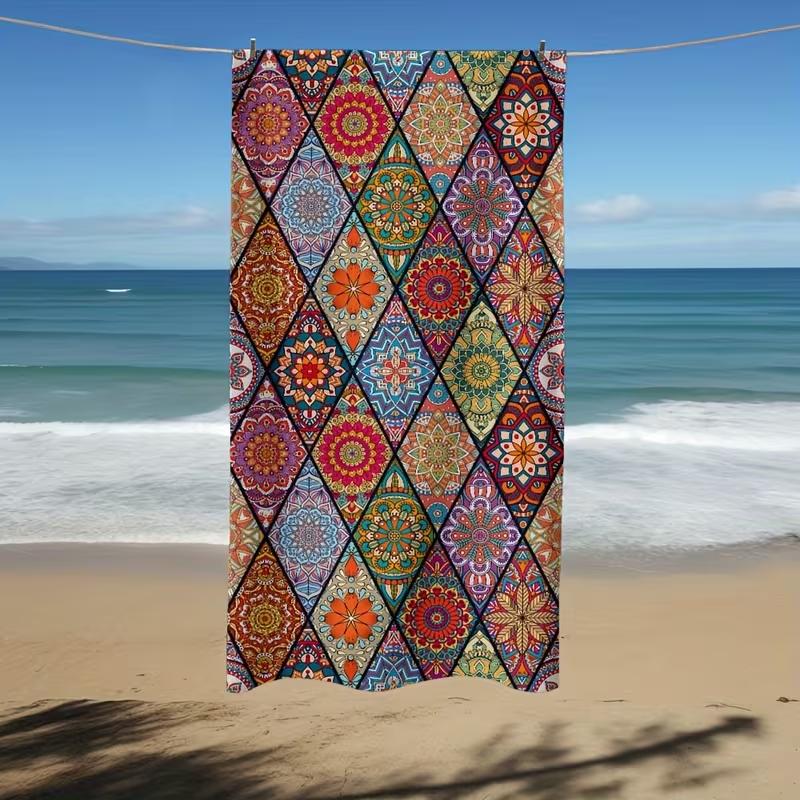 Bohemian Ethnic Geometric Print Beach Towel Quick Dry Lightweight Absorbent Colorful Flowers Pattern Towel for Summer Vacation
