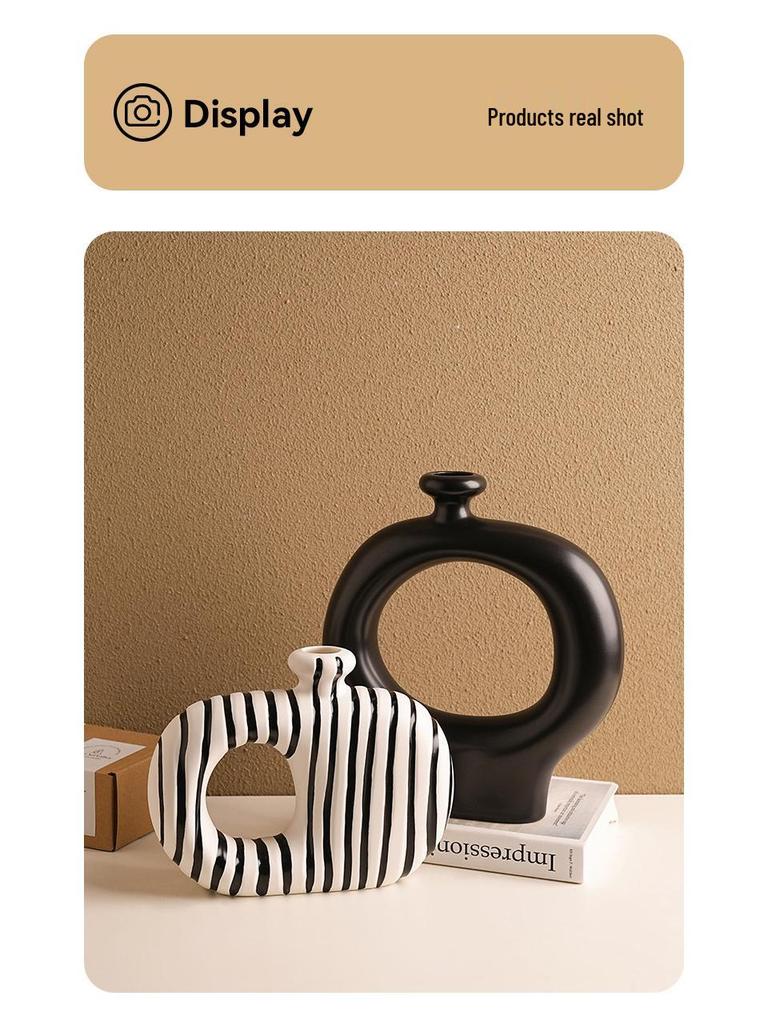 Elegant Wabi-Sabi Ceramic Vase with Black and White Stripes - Perfect for Living Room Decoration and Floral Arrangements
