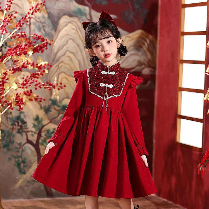 Girls' New Year Long-Sleeve Qipao: Children's Chinese-Style Autumn/Winter Dress 2026