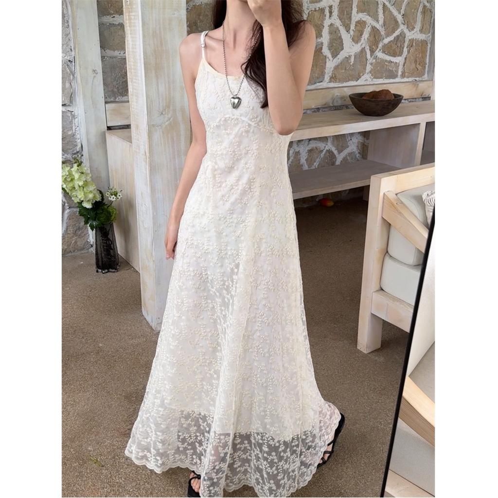 Embroidery suspender dress pure desire style women's summer temperament fashion waist thin chic long skirt tide