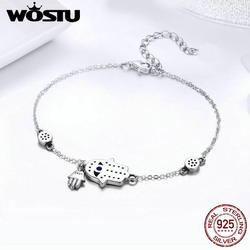 WOSTU 925 Silver Fatima of Hand Hamsa Eye Bracelets Blue Zircon Chain Link For Women Bangles Fashion 925 Jewelry CQB079