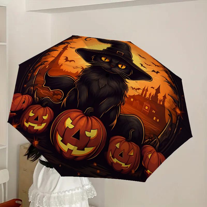 1PC Halloween Cat Automatic 8-Bone Folding Umbrella - Durable Polyester & Iron Frame,Userfriendly Operation y250929126
