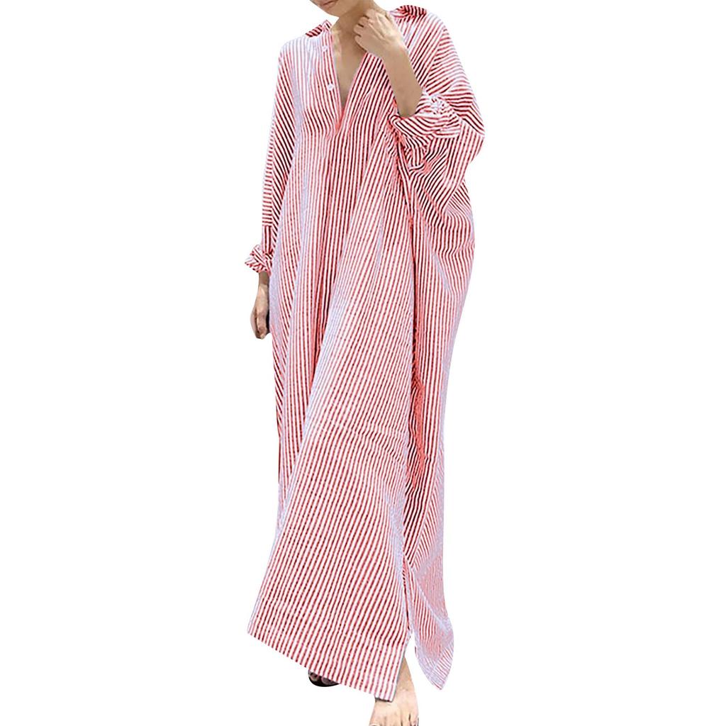 Women's Casual Cotton And Linen Striped Cardigan Loose Temperament Irregular Shirt Dress