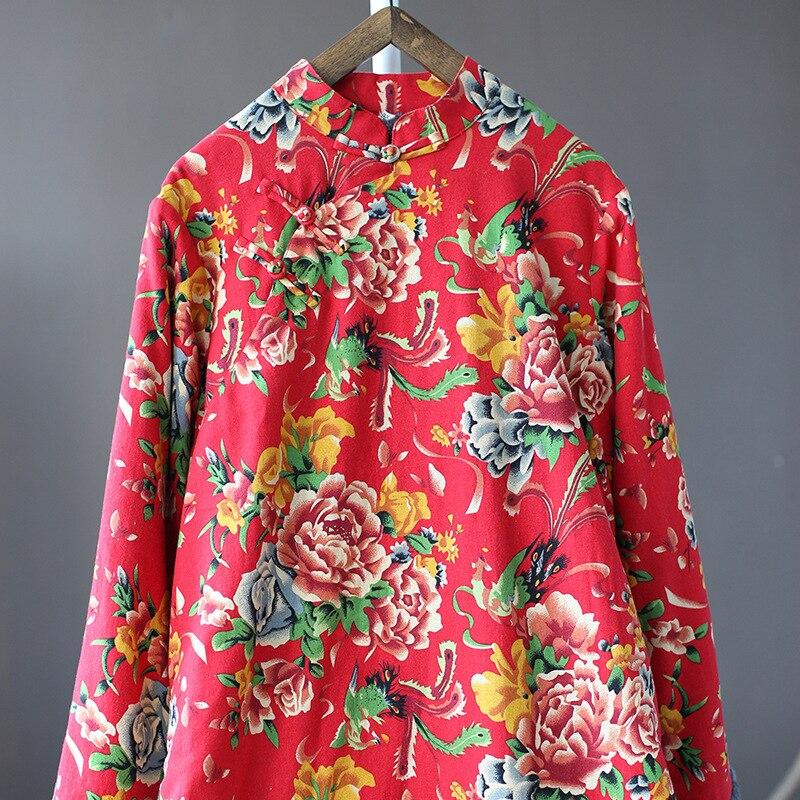 Johnature Women Plush Padded Print Floral Dress Vintage Stand Loose Long Sleeve Dresses Winter Cotton Linen Clothing