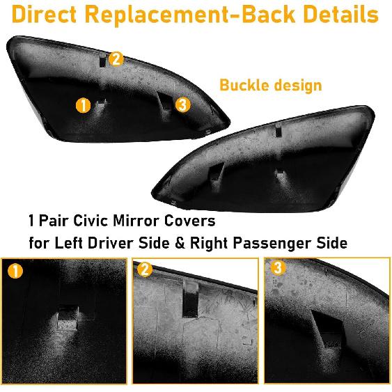 Moonlinks Compatible With 2016- Honda Civic Side Mirror Cover Replacement,Glossy Black LH & RH Side Door Rearview Mirror Cap Trim For 10Th Gen