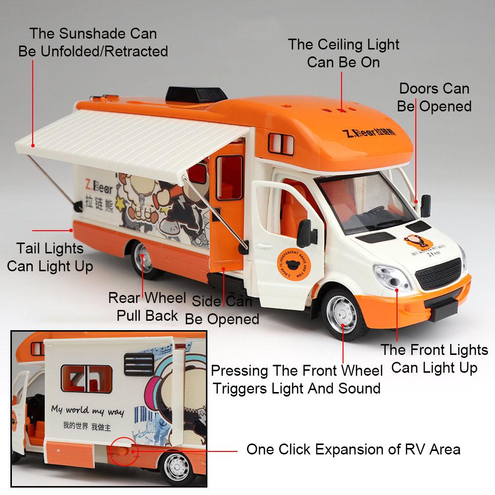 Scale 1:32 Pickup Model Cartoon Bear Car Toy Sound Light Pull Back Doors Opened Miniature RV Models Home Decor Decoration