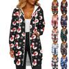 Women's Fashionable Christmas Printed Long Sleeved Drawstring Hooded Zipper Pocket Long Casual Sweatshirt Jacket