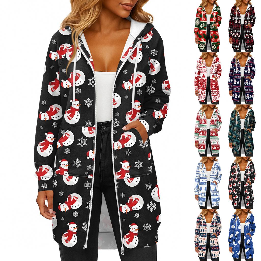 Women's Fashionable Christmas Printed Long Sleeved Drawstring Hooded Zipper Pocket Long Casual Sweatshirt Jacket