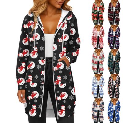 Damen Modische Weihnachten Bedruckte Langarm Kordelzug Kapuzen Reißverschlusstasche Lange Lässige Sweatshirtjacke
