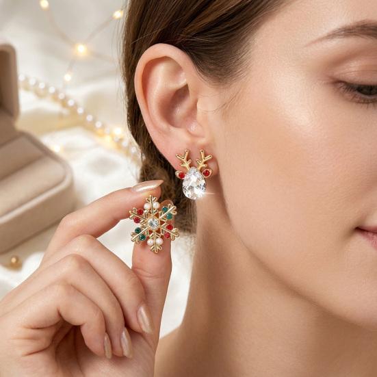 Lightweight Festive Earring Set 1 Pair Christmas Stud Earrings, Sparkling Faux Crystal Elk Antlers Holiday Party Accessories And Snowflake Colorful