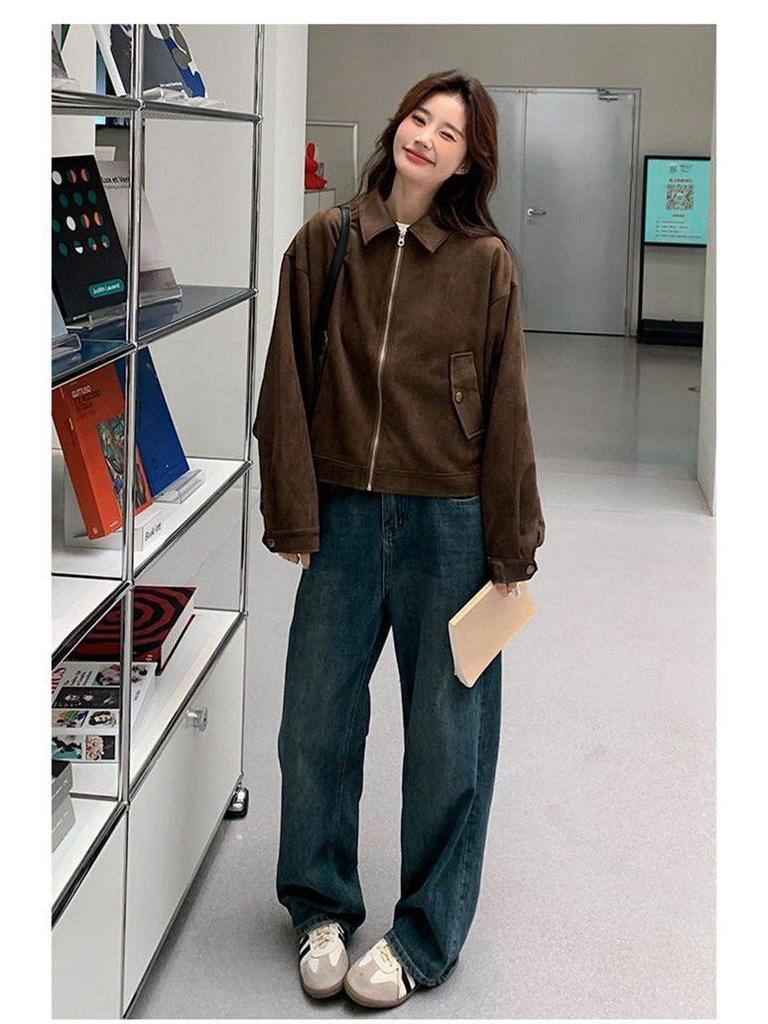 Braune Melaude Wildlederimitat Damen Retro Petite Kurze Jacke – Herbstkollektion 2025