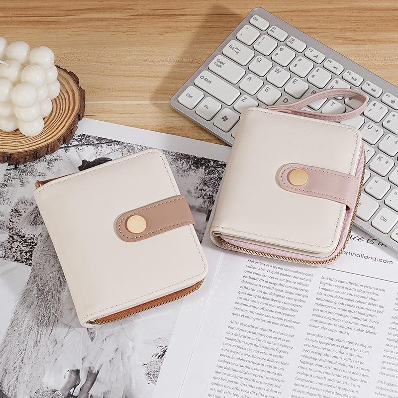 Women’s Colorblock Short Folding Wallet with Buckle – Compact & Stylish for Students