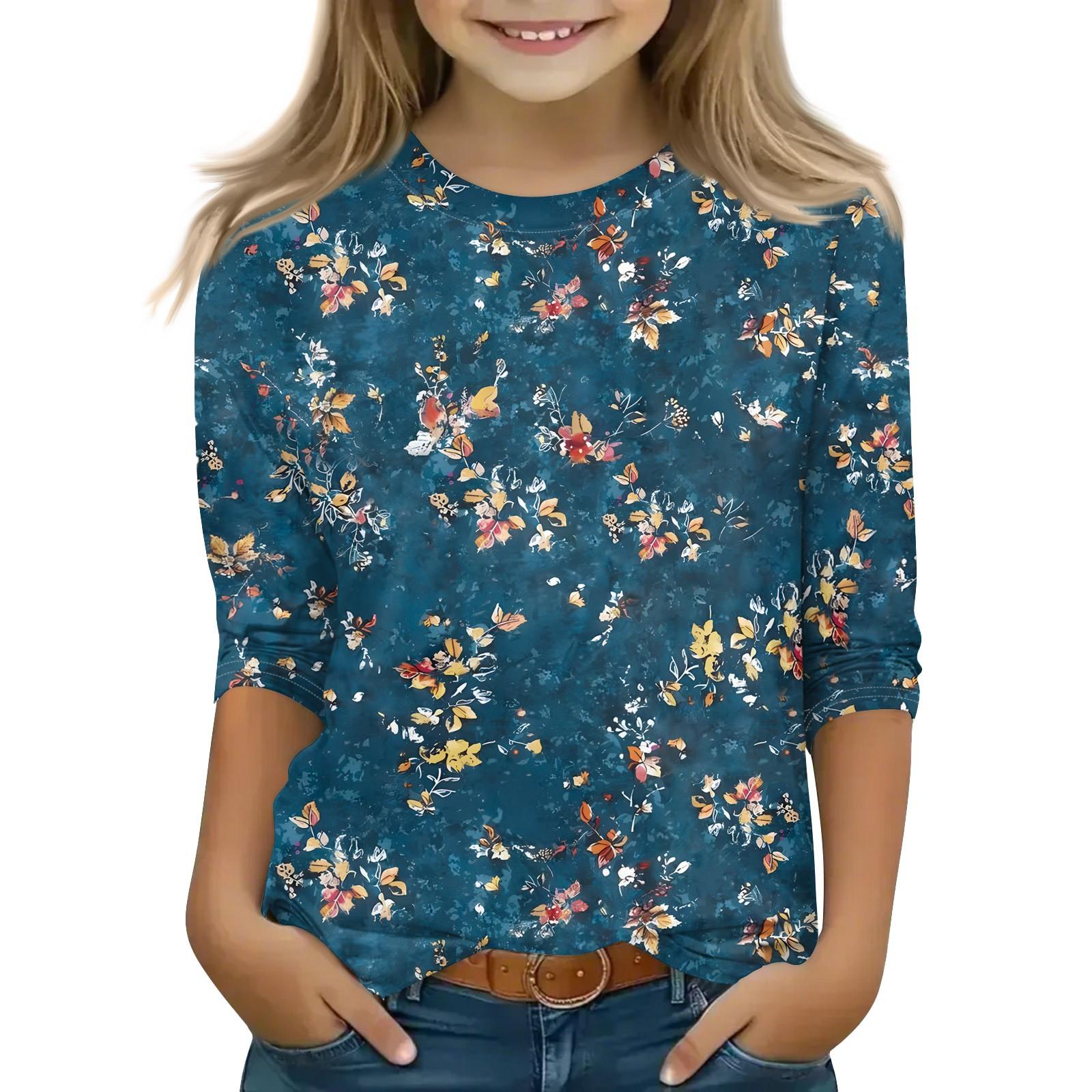 

Print Tops For Youth Girls 5-16 Years Round Neck 3/4 Sleeves T-Shirts Trendy Tops Outfit Tees 140