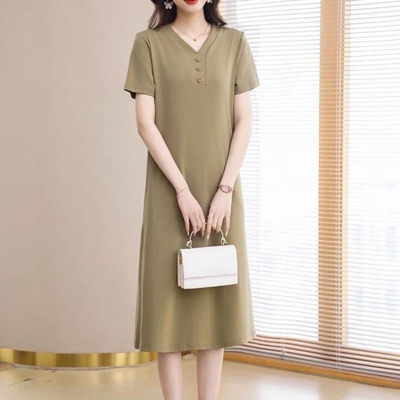 

Women s V Neck Button Detail Midi Dress Short Sleeve Casual T Shirt Dress M хаки