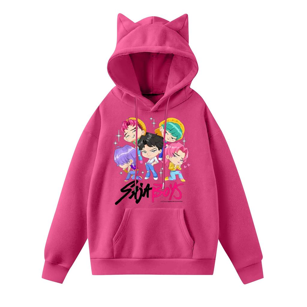 Damemote Casual Langermet trykt Rundhals hettegenser Pullover Topp med lommer