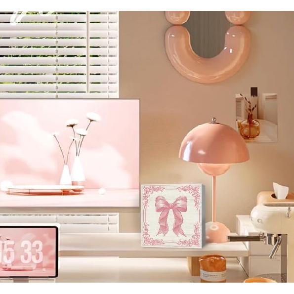 Pink Bow Coquette Wooden Box Sign, Coquette Room Decor, Dorm Room Essentials for Girls, Girly Ribbon Bow for Girls Room Dorm College Bedroom Desk