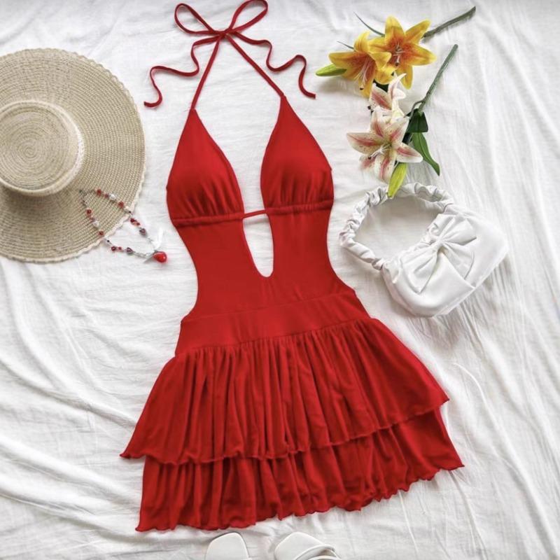 Dress Summer New Sexy Backless Lace Halter Neck Waist High-end Dress S красный