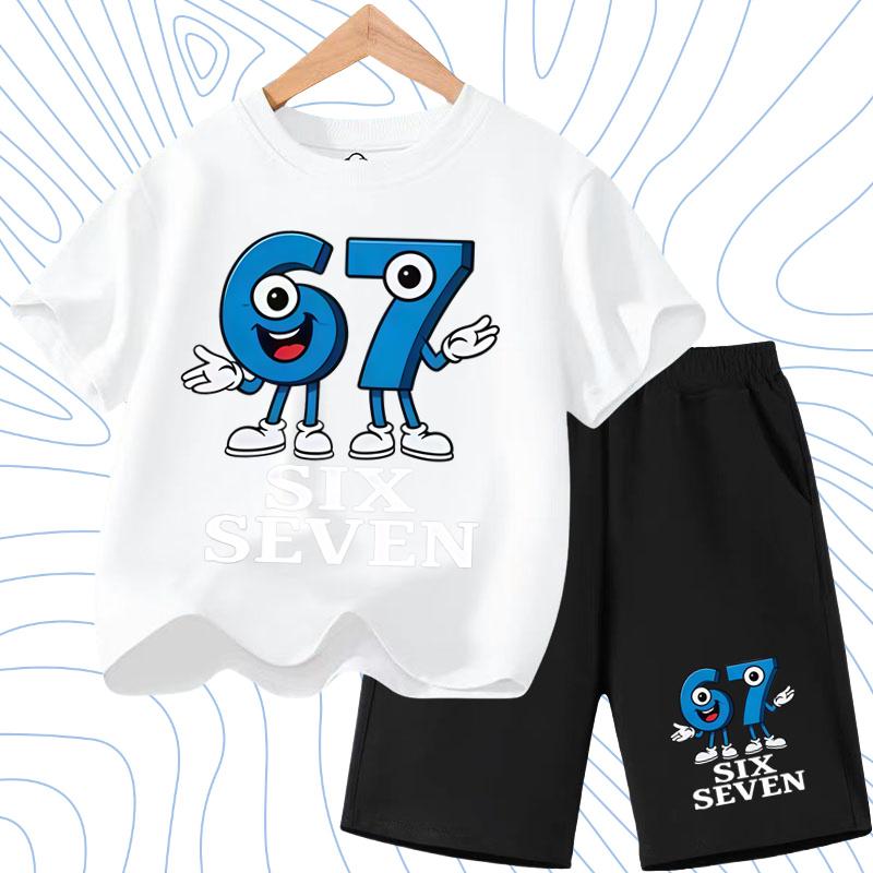 New 67 Number Six Seven Print Kids Cool Summer T-shirt 3-12Yrs Clothes Cartoon Short-sleeved+Shorts Boys Girls Sports Casual Set
