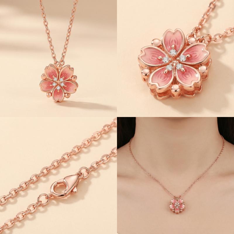 1PC Peach Blossom Two-in-one Necklace, Rose Gold Rhinestone Petal Pendant, Versatile Daily Wear Women's Neck Chain