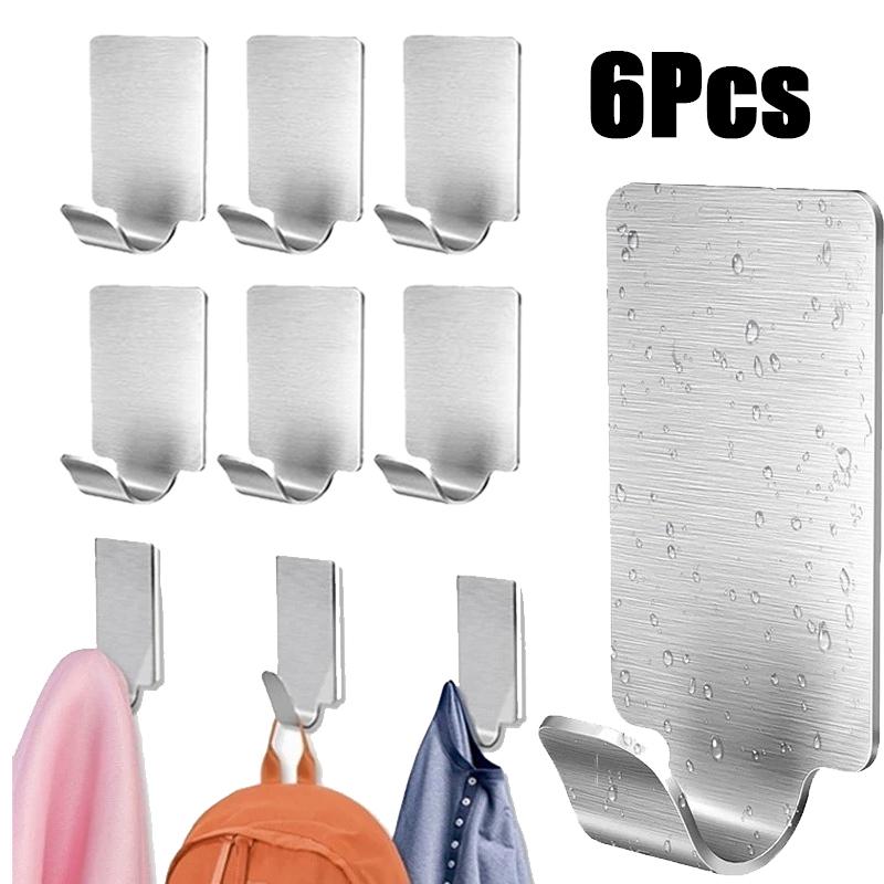 6Pcs Mini Self Adhesive Hook Stainless Steel Heavy Duty Wall Hanger Hooks Bathroom Towel Storage Rack Kitchen Organizer Hooks