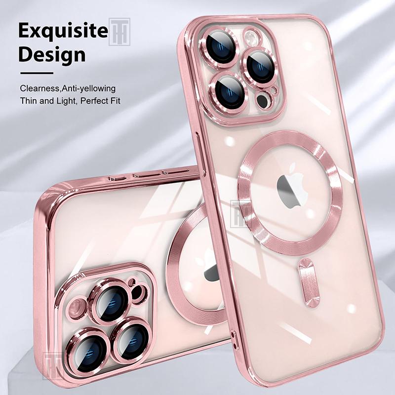 Plating Soft Lens Film Protect Transparent Case For iPhone 16E 16 15 14 13 12 11 Pro Max Plus Magsafe Magnetic Charging Cover