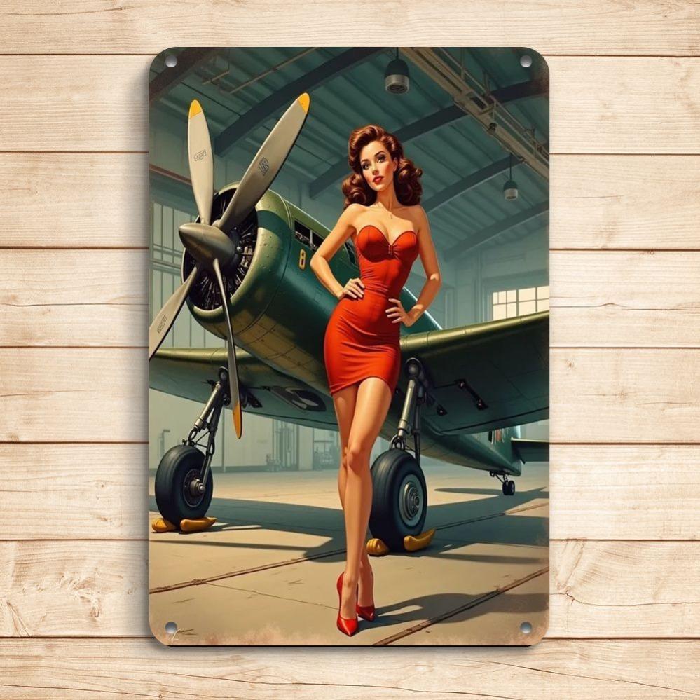 Vintage Metal Wall Art xin Retro Plane Lady Poster No Power Needed for Home Bar Cafe Garage Decor