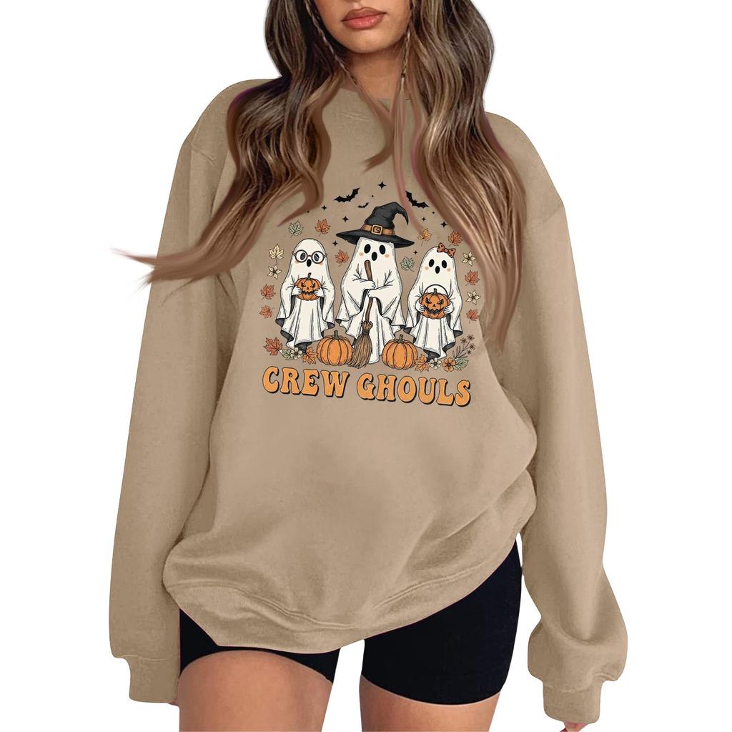 Women's Fashion Round Neck Long Sleeve Hoodie Halloween Small Print Hoodie