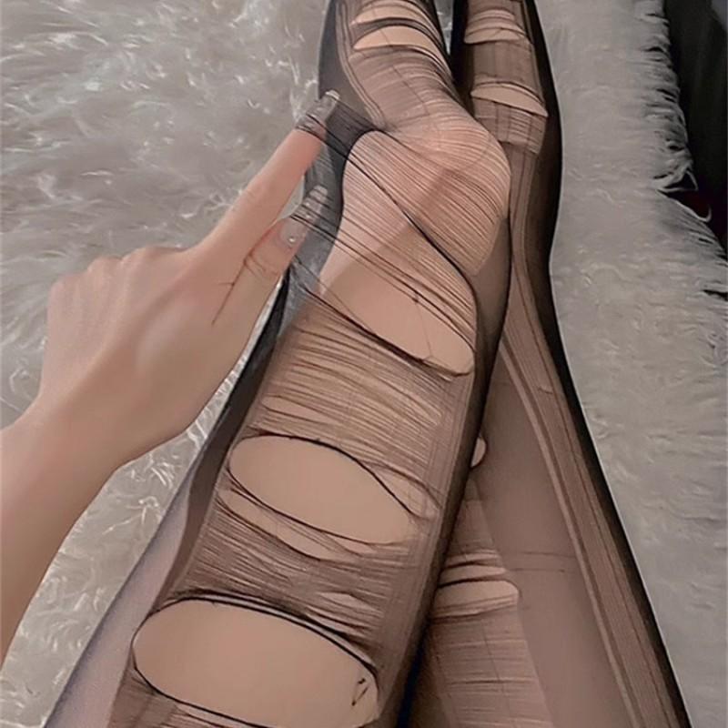 Sheer Black Thigh High Stockings With Ripped Detail Ultra Thin Seamless Pantyhose Women Slimming Fit T-Crotch Design One