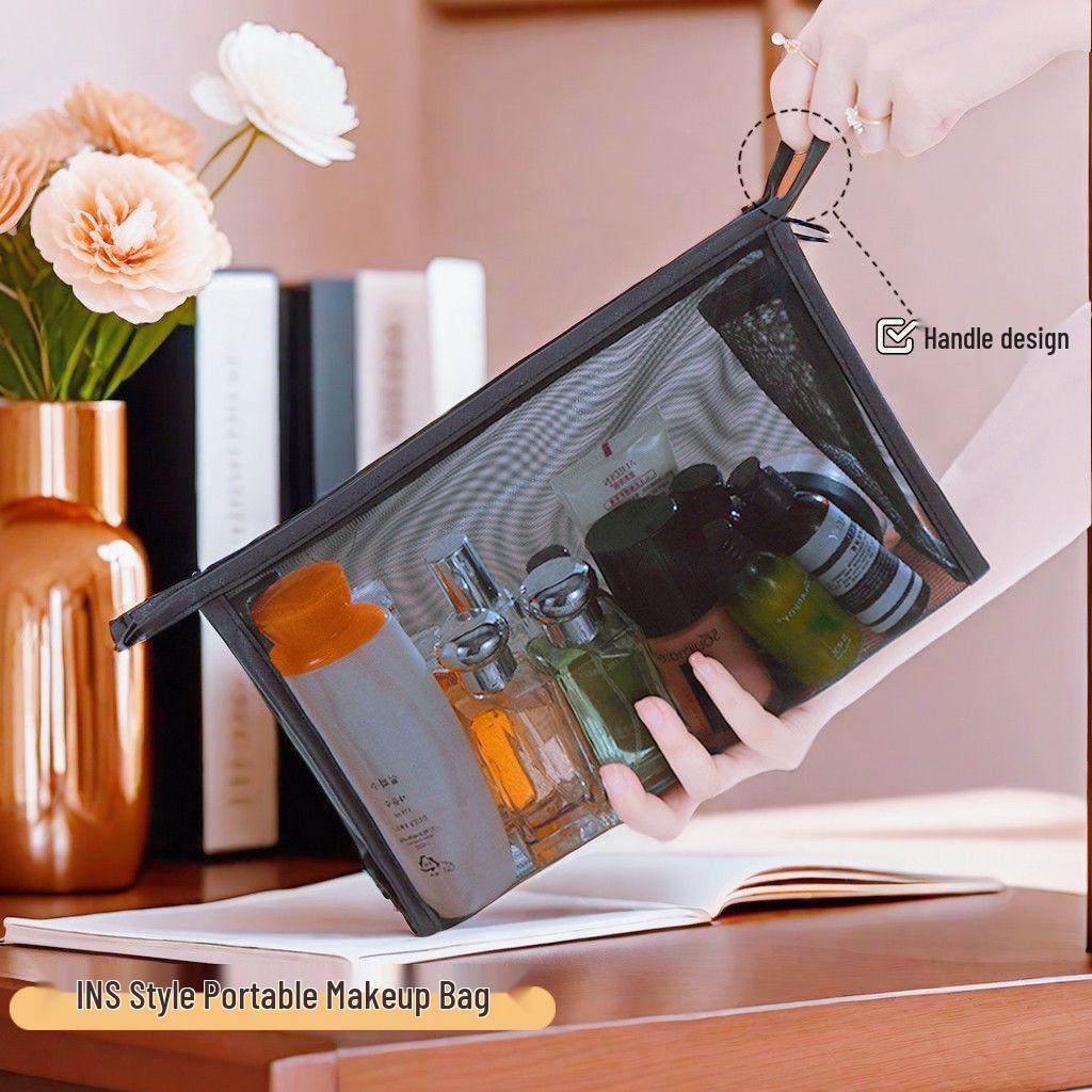 Portable Black Nylon Mesh Cosmetic & Toiletry Bag