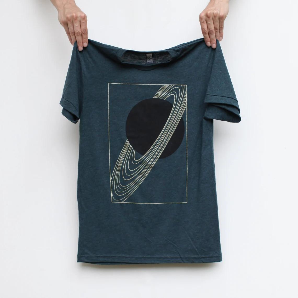 Gold Rings of SATURN Men s T-shirt Black Aqua Hand-printed Made in USA Clothing Unisex T-Shirt XXXXL