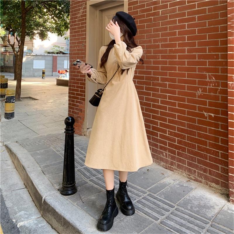 Women's V-Neck Long Sleeve Midi Dress Korean Style Solid Color A-Line Swing Dress Casual Elegant Button Down Dress For Spring Autumn