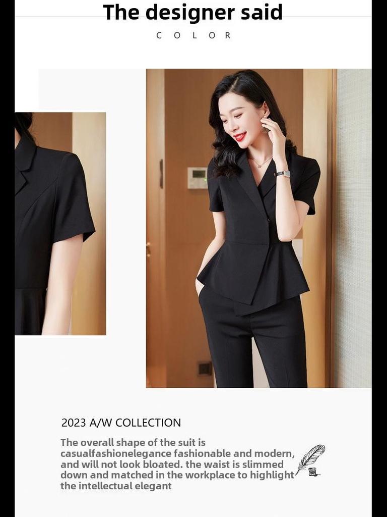 Dámský letní bílý oblek - profesionální formální oblečení pro recepci kosmetického salonu