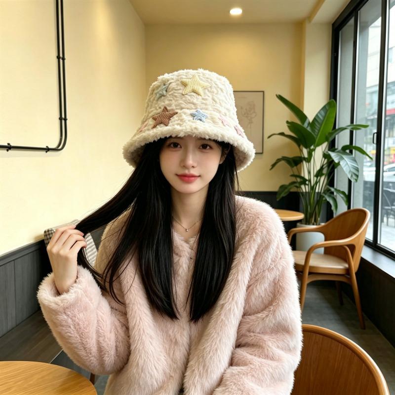 Women S Plush Star Bucket Hat Cute Warm Sun Protection For Autumn Winter