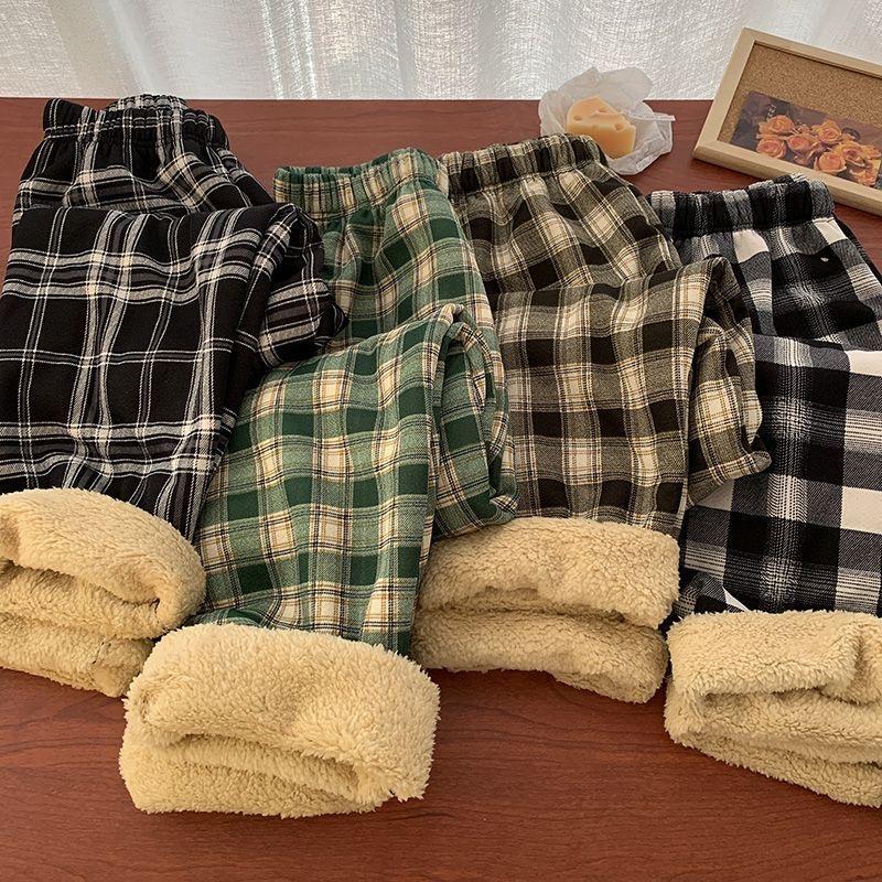 Winter Thick Plaid Pants Women Korean Fashion Warm Loose Wide Leg Trousers Student Y2K Causal High Waist Pants Outwear